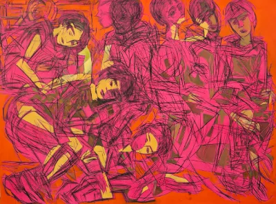 Abstract painting with colorful swirls