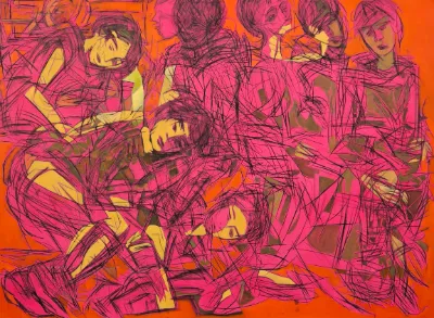 Abstract painting with colorful swirls