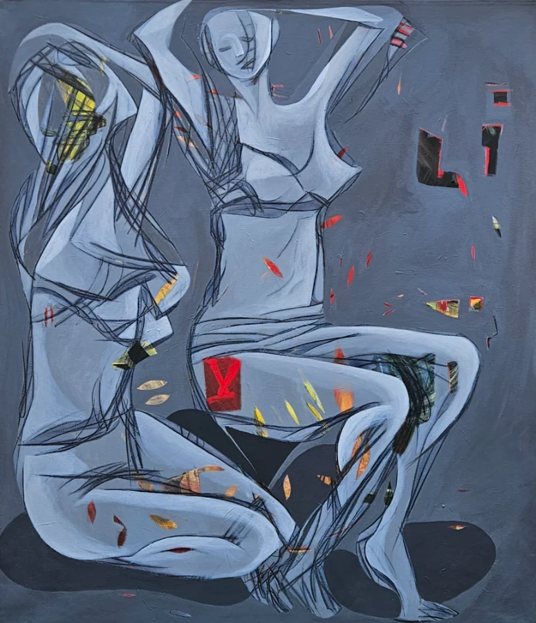 Mixed media artwork with abstract shapes