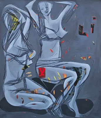 Mixed media artwork with abstract shapes